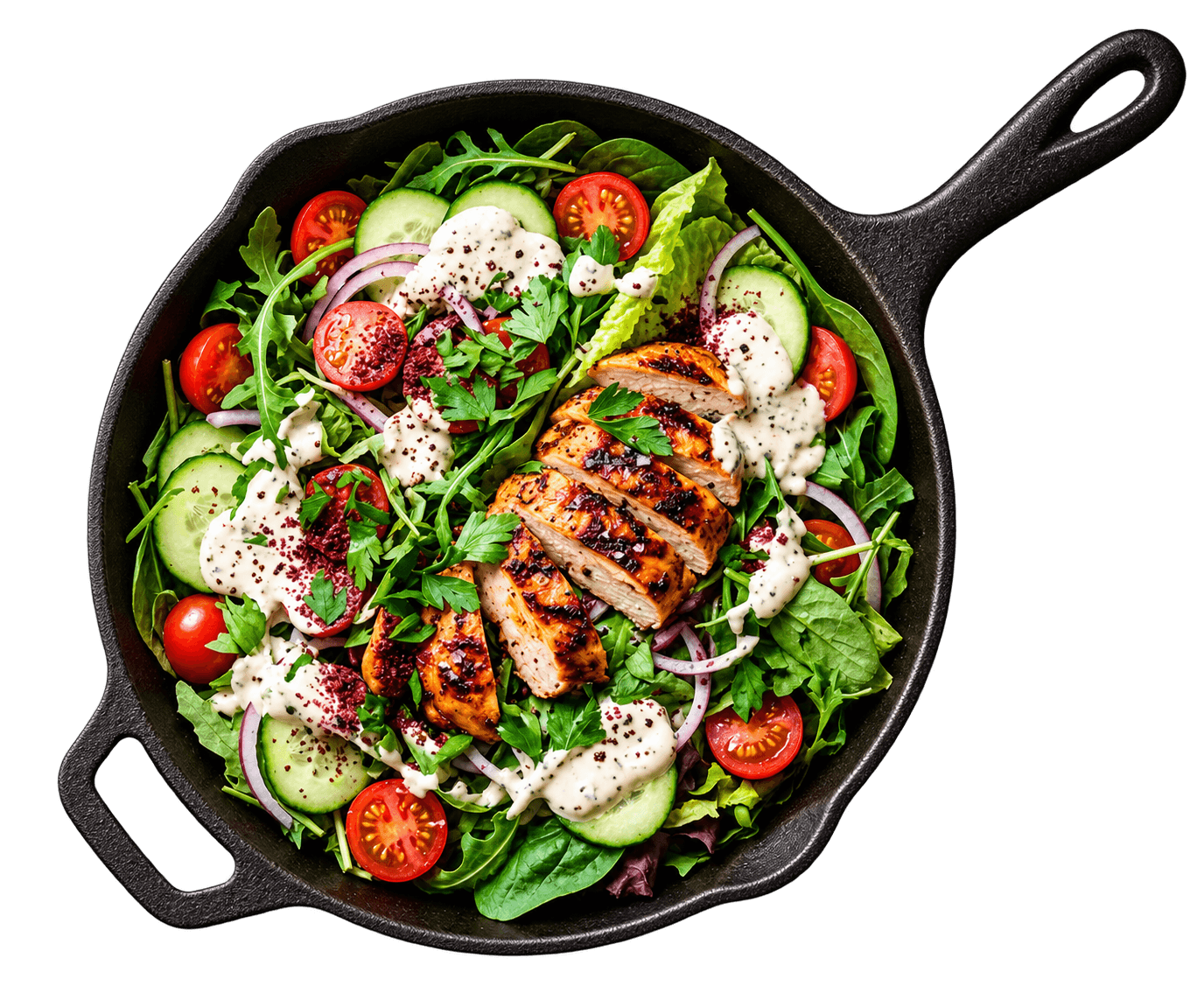 Frischer Shawarma Hähnchen Salat in einer gusseisernen Pfanne